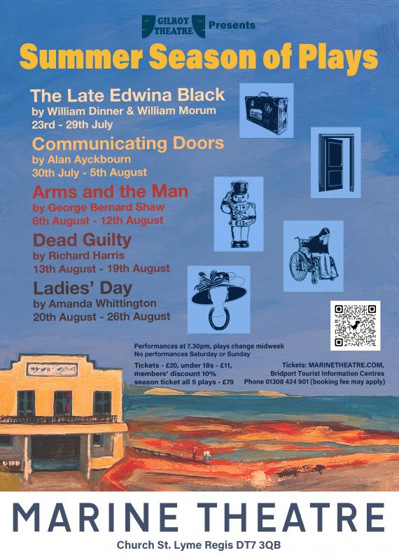 Poster showing the five plays of the Summer Season of Plays at the Marine Theatre, Lyme Regis: The Late Edwina Black; Communicating Doors; Arms & the Man; Dead Guilty; Ladies' Day.